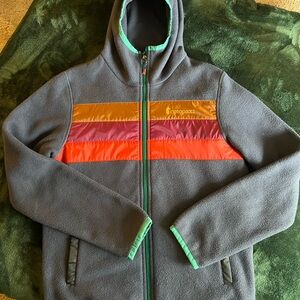 Cotopaxi Puffer Jacket - Gray with Orange and Red Stripes